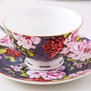 Brew to a Tea BTaT Teacup & Saucer Floral Purple w/ pink & red Floral 8oz